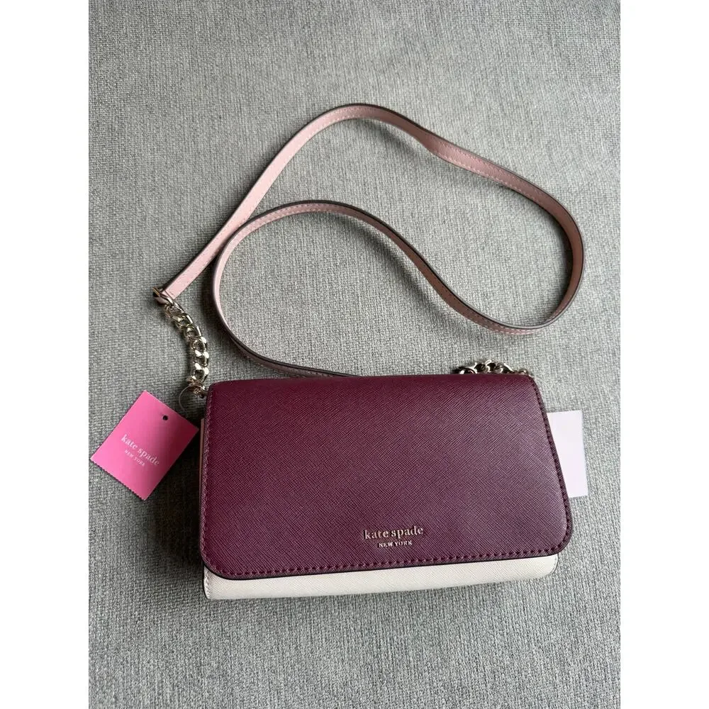 Kate Spade Cameron Small Flap Crossbody Cherry Wood White Pink  Burgundy Maroon